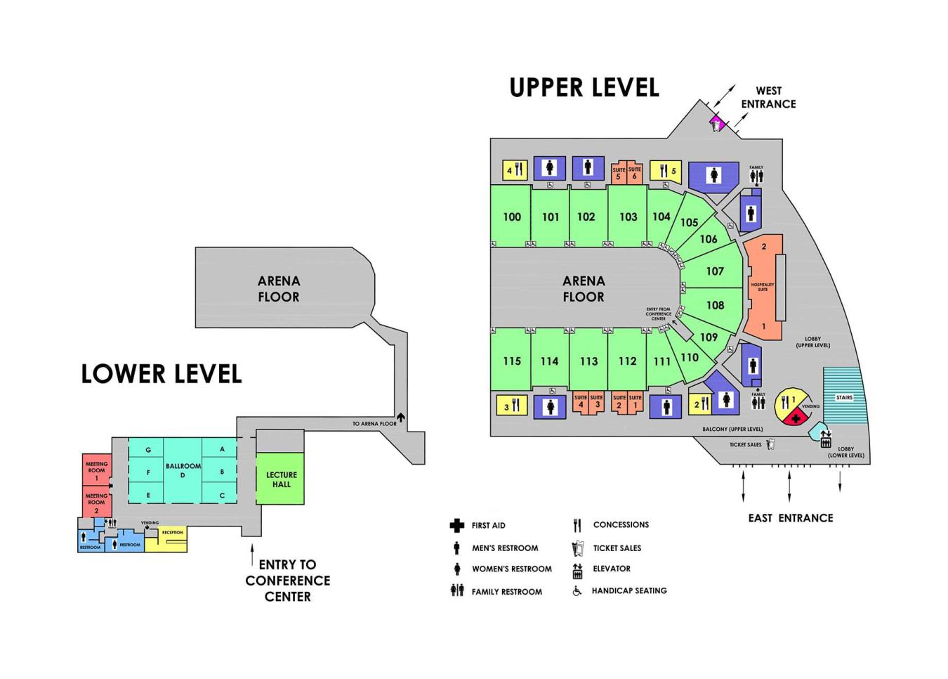 Map with Upper and Lower Level indicators for restrooms, first aid, concessions, tickets, elevator and handicap seating