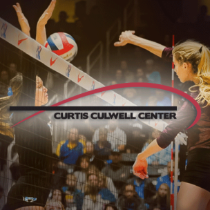 Two volleyball players battle between the net over a ball.